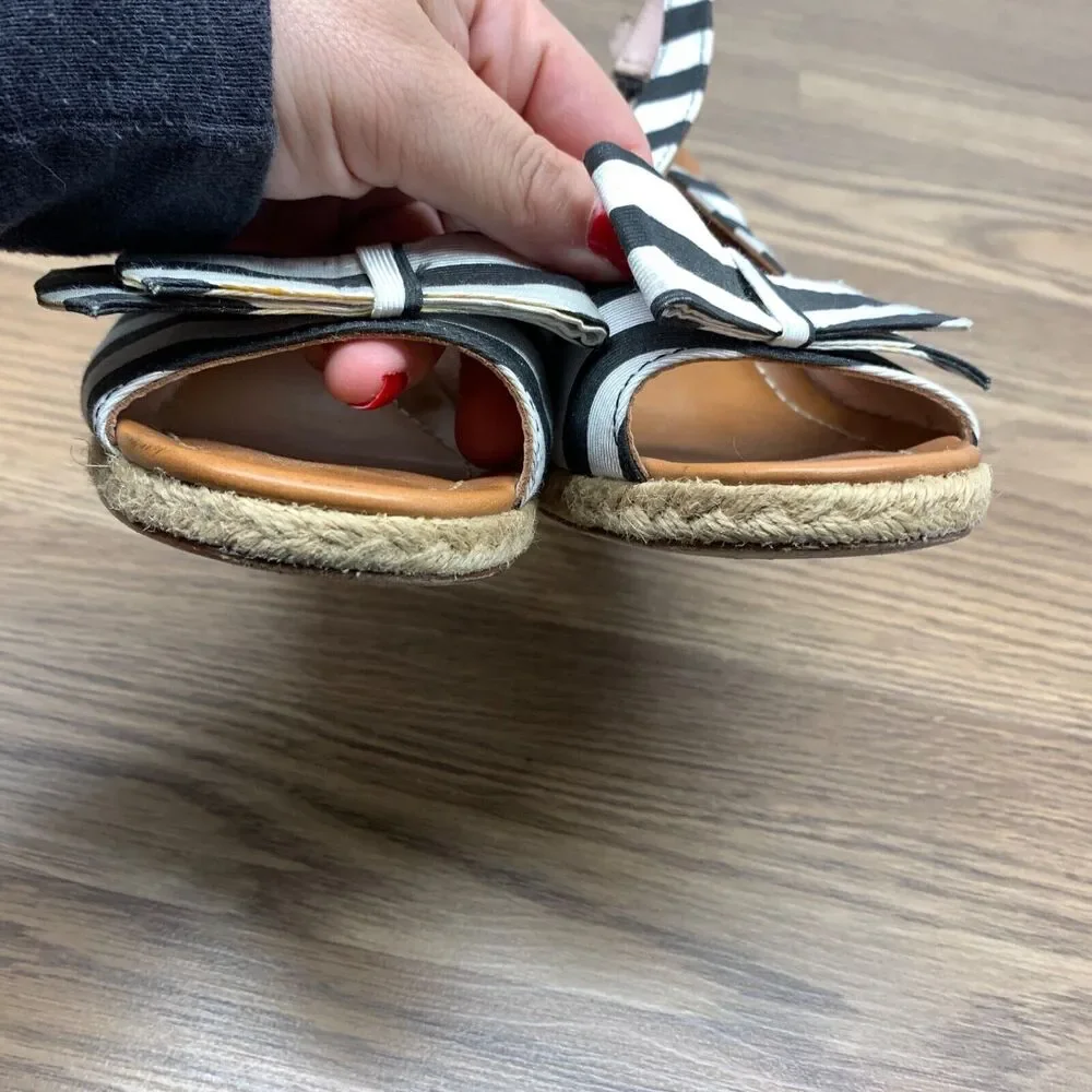 Kate‎ Spade Sandals 8.5 Black White Boardwalk Espadrille Slingback Stripes Wedge